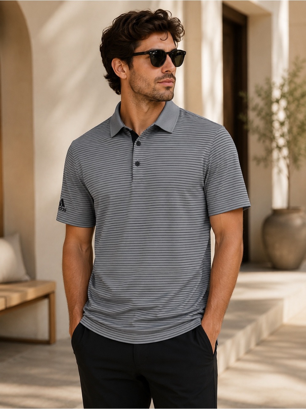 Adidas Men’s Gray Striped Performance Polo Shirt Size Large L